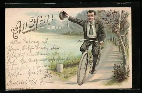 Lithographie All Heil, Mann am See auf Fahrrad, grüssend