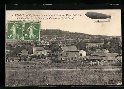 AK Garches, Panorama au loin le Fort du Mont-Valérien, La Fouilleuse et le Champ de Courses de Saint-Cloud, Zeppelin