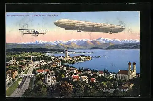 AK Friedrichshafen, Zeppelin und Aeroplan über dem Ort und dem Bodensee