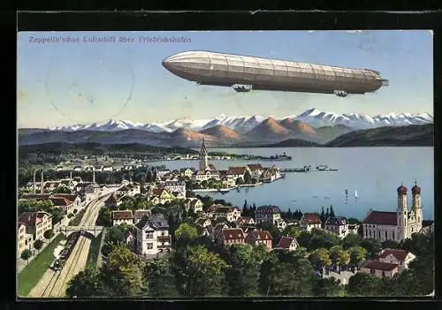 AK Friedrichshafen, Flugzeug und Zeppelin über der Eisenbahnstrecke