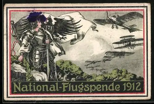 Künstler-AK National-Flugspende 1912, Ritter mit Fahne, Flugzeuge