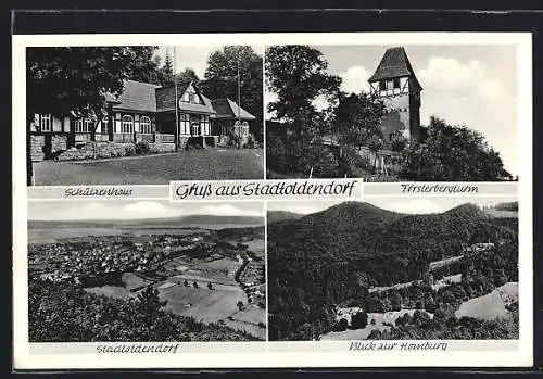 AK Stadtoldendorf, Schützenhaus, Försterbergturm und Blick zur Homburg