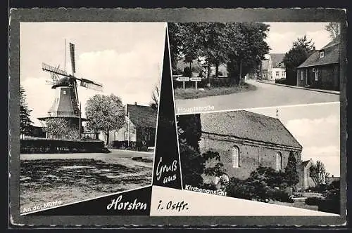 AK Horsten / Ostfriesland, Hauptstrasse, An der Mühle, Kirche