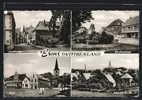 AK Esens, Steinstrasse, Am Ehrenmal, Markt, Blick zur Kirche