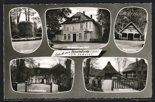 AK Neuenburg /Oldb., Gasthaus Neuenburger Hof am Urwald, Rauchkate, Jagdhütte, Ehrenmal