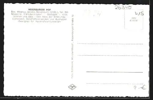 AK Neuenburg /Oldb., Gasthaus Neuenburger Hof am Urwald, Rauchkate, Jagdhütte, Ehrenmal