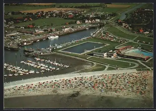 AK Bensersiel, Blick über Hafen und Badestrand