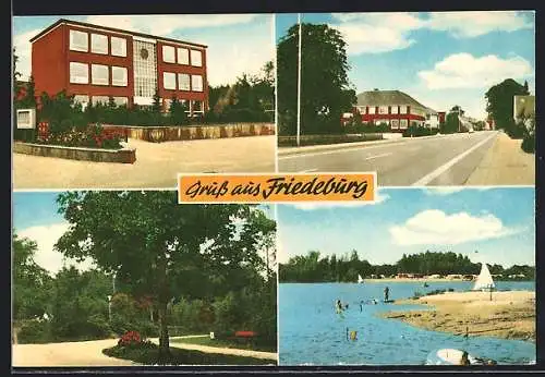 AK Friedeburg / Ostfriesl., Strassenpartie, Badestrand und Park