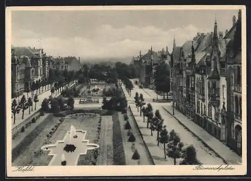 AK Krefeld, Bismarckplatz mit Denkmal und Brunnen