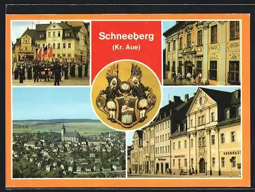 AK Schneeberg / Erzgebirge, Musikkorps der Bergstadt Schneeberg, Museum und Wappen