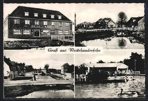 AK Westrhauderfehn, Hotel Nanninga, Blick zur Schleuse, Badeanstalt