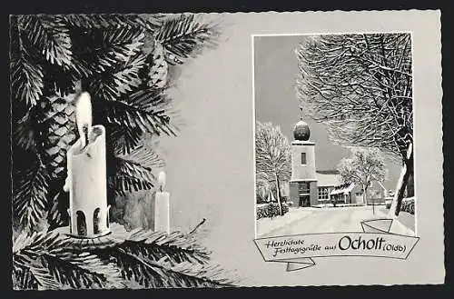AK Ocholt /Oldb., Kirche im Schnee, Weihnachtsbaum mit brennenden Kerzen