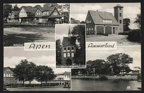 AK Apen /Ammerland, Bahnhof, Feuerwehr, Glockenturm