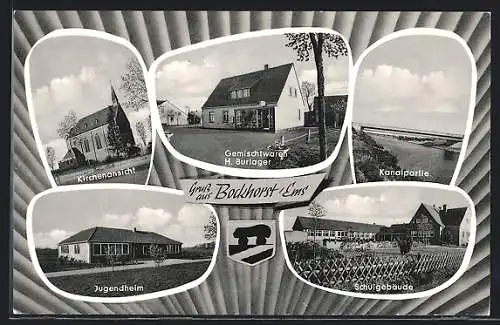 AK Bockhorst /Ems, Gemischtwaren H. Burlager, Jugendheim, Kanalpartie