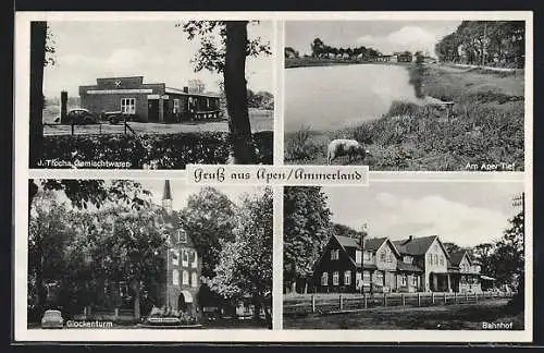 AK Apen / Ammerland, Gemischtwarengeschäft von J. Trocha, Bahnhof, Glockenturm