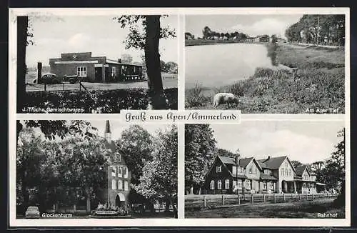 AK Apen / Ammerland, Gemischtwarengeschäft von J. Trocha, Bahnhof, Glockenturm