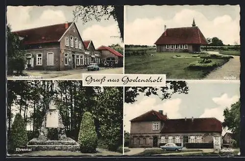 AK Godensholt, Kaufhaus Ahrens, Kapelle, Ehrenmal, Schule