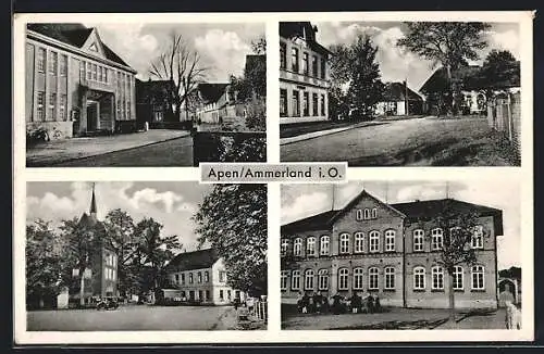 AK Apen /Ammerland i. O., Strassenpartie, Schule, Kirche