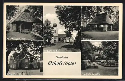 AK Ocholt, Alte Wassermühle, Bahnhof, Kirche, Ehrenmal