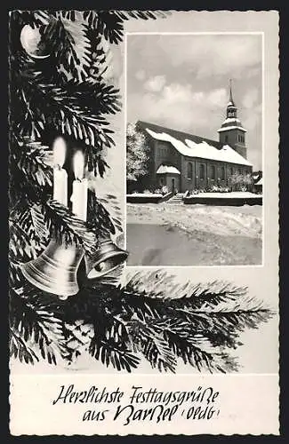 AK Barssel /Oldb., Blick auf die verschneite Kirche, Christbaum mit Glocken und Kerzen