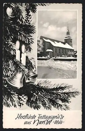 AK Barssel /Oldb., Verschneite Kirche, Christbaum mit Glocken und brennenden Kirchen