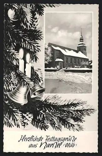 AK Barssel /Oldb., Kirche im Schnee, Christbaum mit Glocken