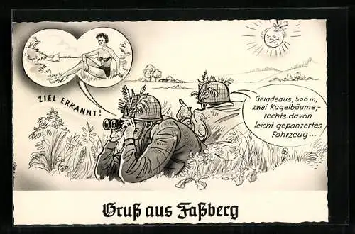 Künstler-AK Fassberg, Zwei Soldaten beim Ausspähen, einer wird abgelenkt