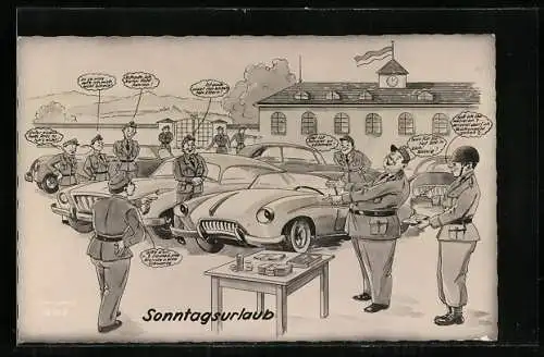 Künstler-AK Soldaten in Uniform im Sonntagsurlaub sehen sich Autos an
