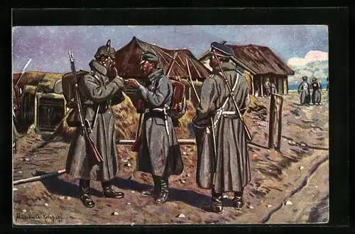 AK Drei Waffenbrüder des Zweibundes in einem serbischen Dorf