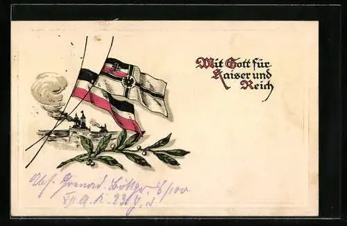 AK Reichskriegs- und Reichsfahne mit Kriegsschiff