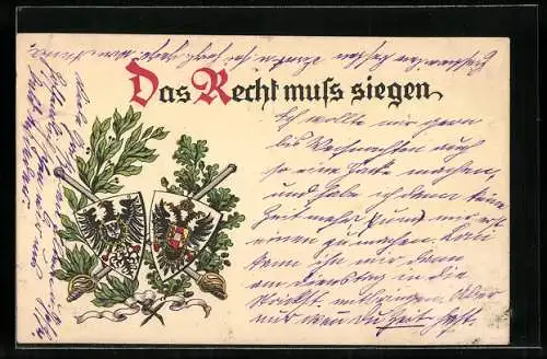 AK Wappen des Deutschen Reiches und Österreich-Ungarns auf Lorbeer- und Eichenzweig