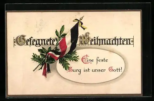 AK Gesegnete Weihnachten, Fahne des Kaiserreichs & Lorbeerzweig