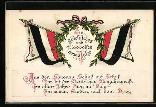 AK Neujahrsgrüsse, Kranz mit Fahnen