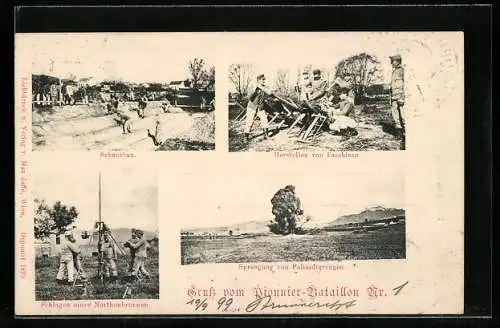AK Pionier-Bataillon Nr. 1 beim Schanzbau, Herstellen von Faschinen und Schlagen eines Northonbrunnens