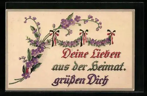 AK Ein Strauss aus Veilchen mit Schleifen in den Reichsfarben, Blumengrüsse
