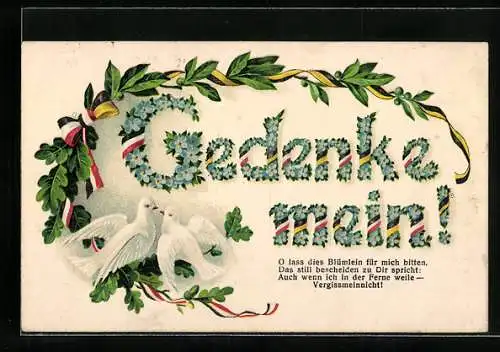 AK Gedenke mein, Vergissmeinnicht, Weisse Tauben