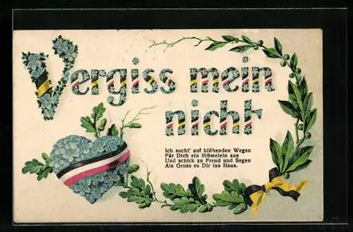 AK Herz aus Vergissmeinnicht und Kranz aus Lorbeer und Eichenlaub