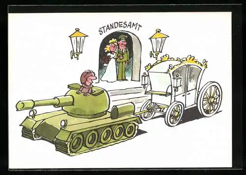 AK NVA, Soldat im Panzer zieht Hochzeitskutsche des Kameraden