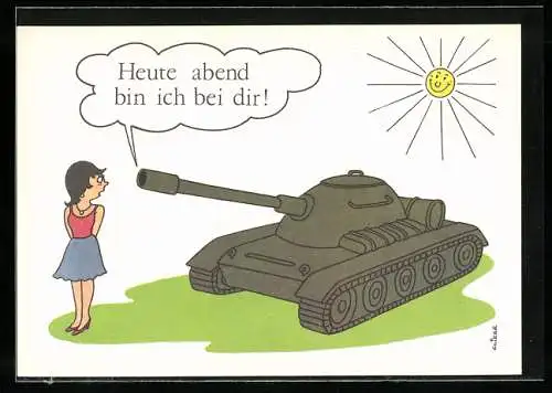 AK NVA-Panzer mit junger Frau