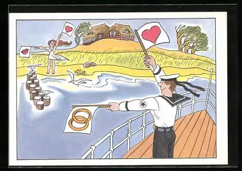 AK NVA, Matrose winkt Frau vom Schiff