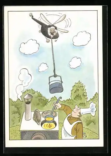 AK Hubschrauberpilot versucht Essen aus der Feldküche einzufangen