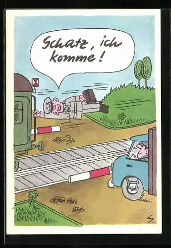 Künstler-AK Soldat der NVA hängt am Ende eines fahrenden Zuges, Karikatur