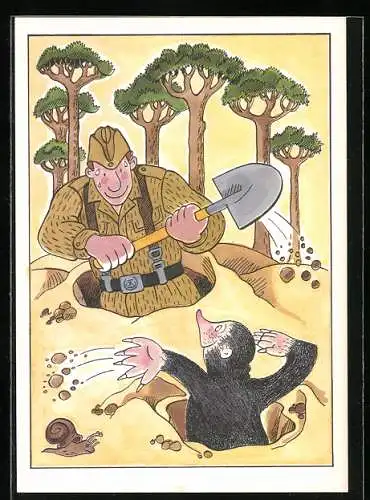 AK Soldat und Maulwurf graben sich ein, NVA, Humor