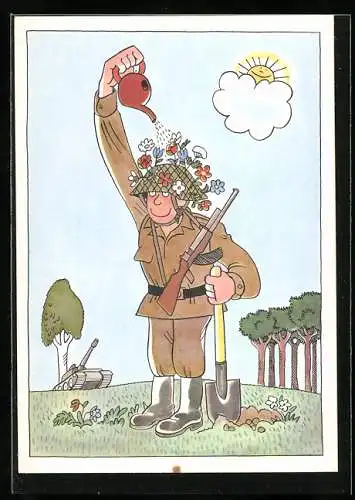 AK Soldat giesst den Transchmuck auf seinem Stahlhelm