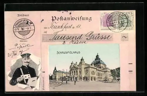 AK Frankfurt a. M., Schauspielhaus auf dem Umschlag von einem Brief, Postbote bricht durch das Papier
