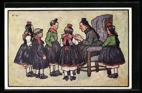 Künstler-AK Otto Ubbelohde: Grossmutter erzählt, Kinder in hessischer Tracht lauschen gebannt