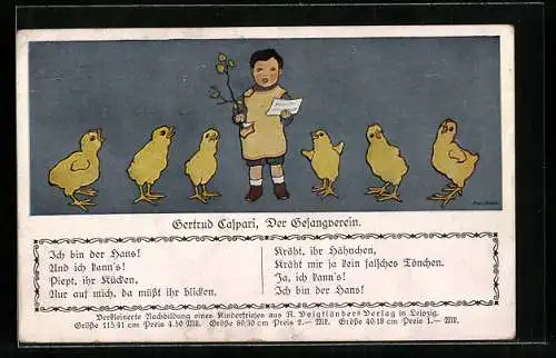 Künstler-AK Gertrud Caspari: Der Gesangsverein, Knabe singt mit Küken