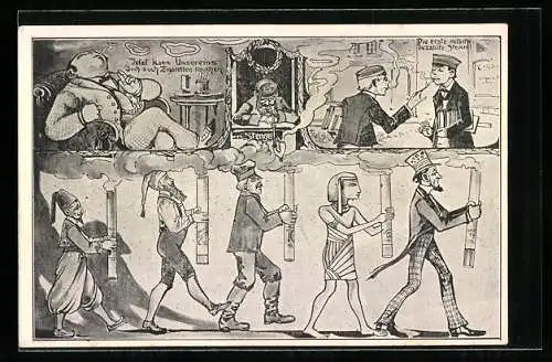 Künstler-AK Männer mit riesigen dampfenden Zigaretten, Zigarettensteuer tritt in Kraft