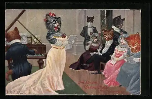 Künstler-AK Arthur Thiele: Katze singt eine Arie zur Begleitung am Klavier