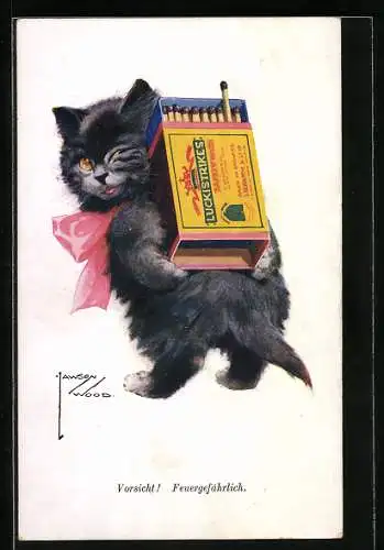 Künstler-AK Lawson Wood: Vorsicht! Feuergefährlich, Kätze trägt Luckistrikes Streichhölzer